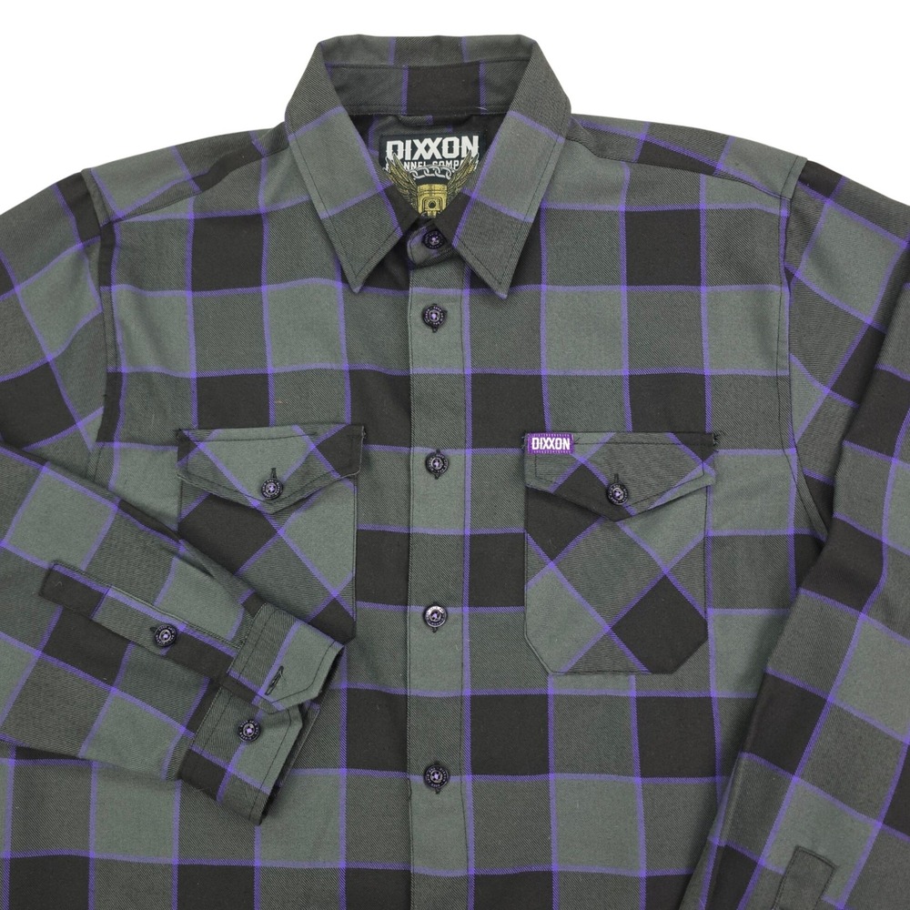 Dixxon The Gift Flannel Shirt Mens L Grey Purple Black Plaid D-Tech Button Up LS